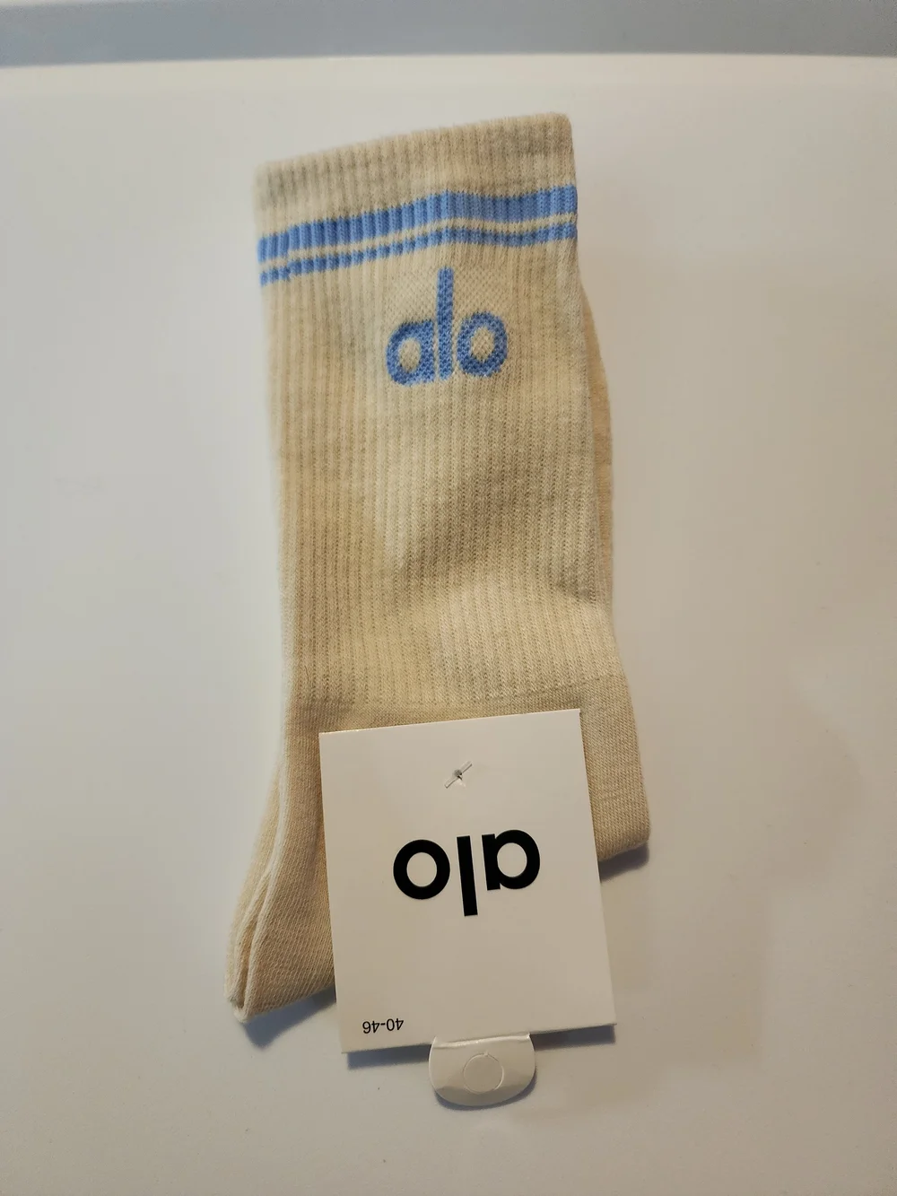 Fashion Yoga Beige Crew Socks with Blue Logo and Stripes